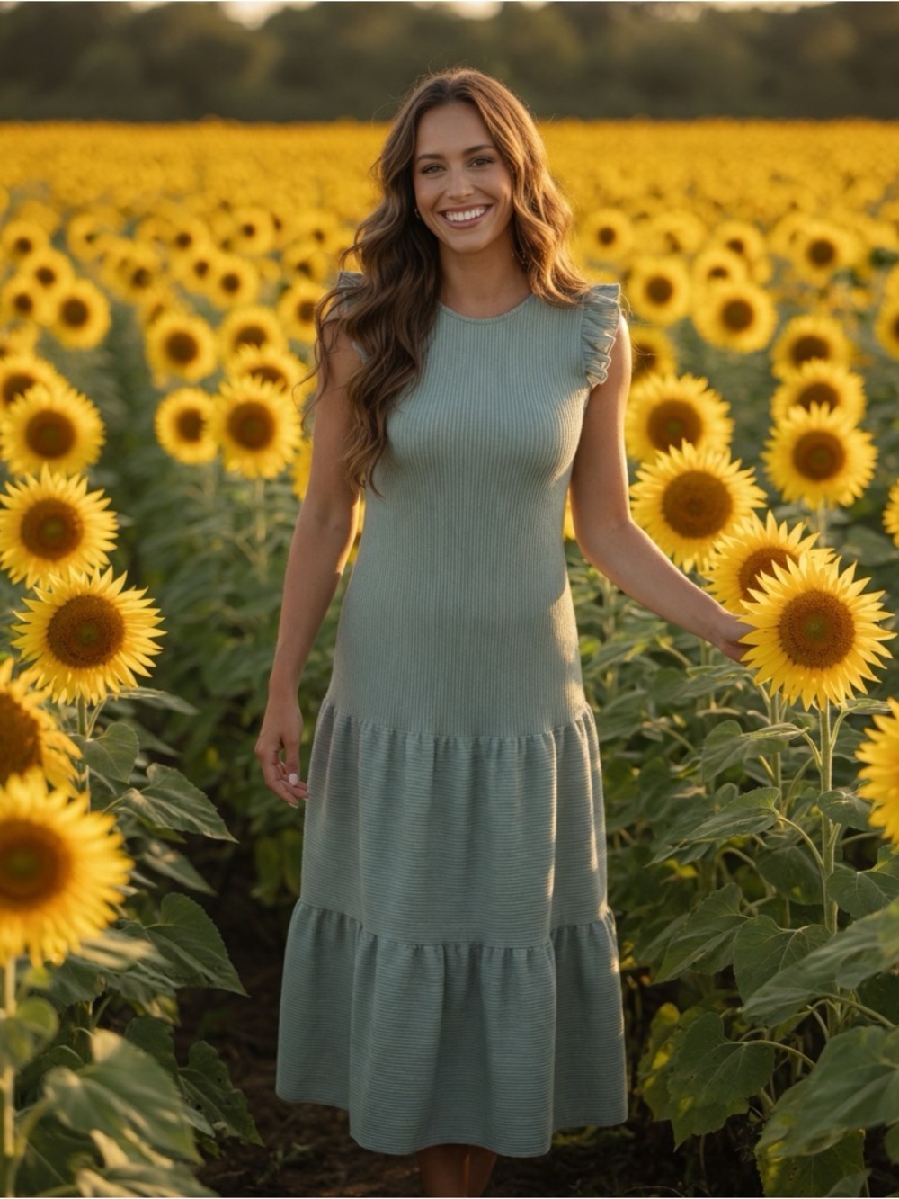 Caution To The Wind Sage Ribbed Maxi Dress with Ruffle Sleeves